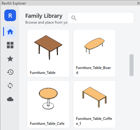 The RevKit Explorer panel docked inside Revit, showing the firm's content library with previews and search.